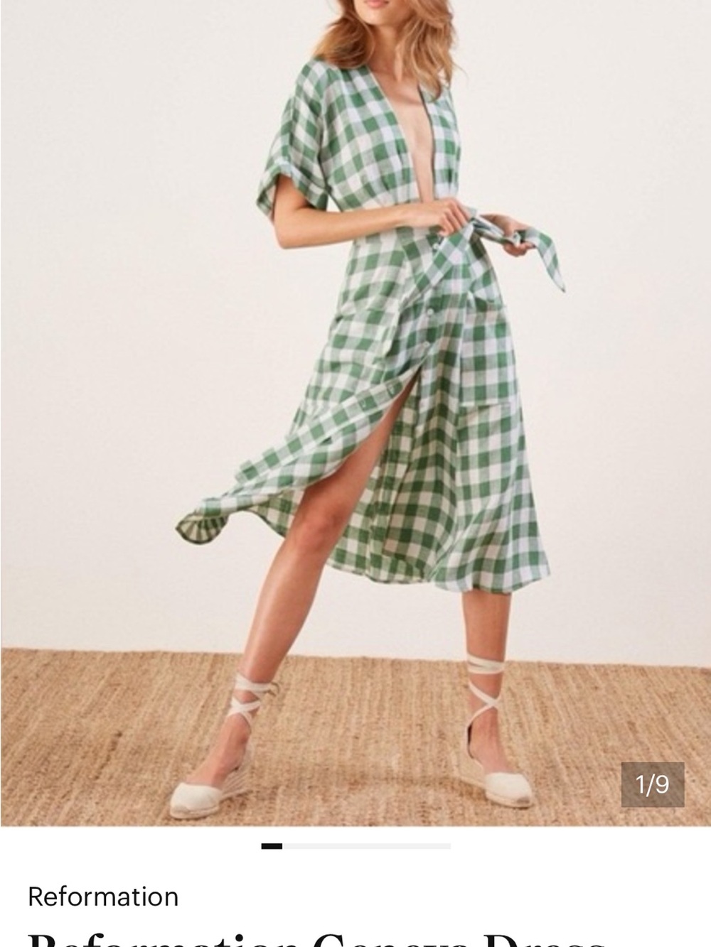 Reformation Geneva Green Gingham Tie-Waist Women's Dress